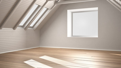 Empty room, loft, attic, parquet wooden floor and wooden ceiling beams, architecture white interior design