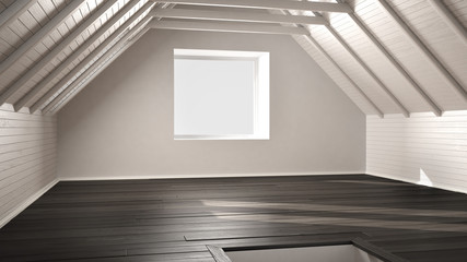 Fototapeta premium Empty room, loft, attic, parquet wooden floor and wooden ceiling beams, architecture white and gray interior design