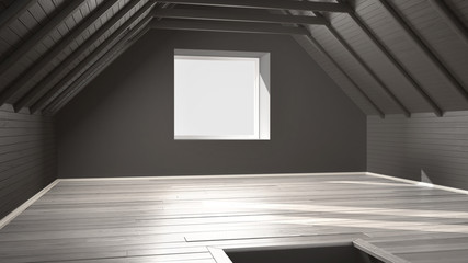Empty room, loft, attic, parquet wooden floor and wooden ceiling beams, architecture white and gray interior design