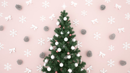 christmas tree with Pine cone, Snowflake and ribbon on light pink background - artwork for christmas day or happy new year - 3D illustration