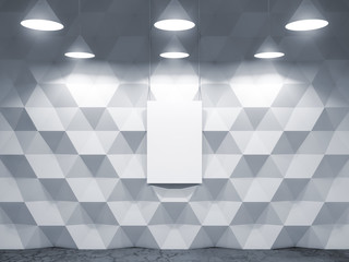 Vertical Poster Mockup hanging on White textured wall in empty interior with lamps. 3d rendering