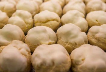 pastries, bignè with pistachio cream, close up
