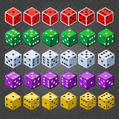 Casino dice. Vector colorful gambling dice set on transparent background