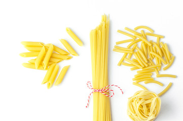 Italian pasta, spaghetti, fettuccine maccheroni, top view flat lay isolated. Menu design.