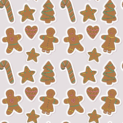 Vector Christmas gingerbread cookies seamless pattern. Hand drawn isolated decoration