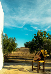 Andalusian countryside landscape with spanish guitar and hat, Seville, Spain.