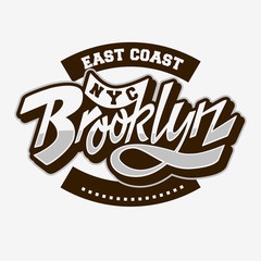 Brooklyn East Coast Custom Script Lettering Vintage Influenced Typographic Type Label Tee Print Design On A White Background. - obrazy, fototapety, plakaty