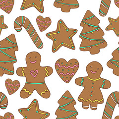 Vector Christmas gingerbread cookies seamless pattern. Hand drawn isolated decoration