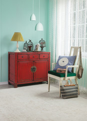light green wall red cabinet room style