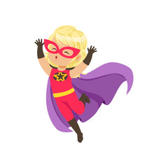Comic brave girl kid in superhero red costume with a mask on her face and developing in the wind purple cloak, jumping with hands up.