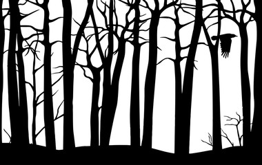Black vector seamless pattern of scary forest with crooked trees and flying crow isolated on white background