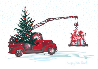 Festive New Year 2018 card. Red truck crane with fir tree decorated red balls and Christmas gifts isolated on white snowy background