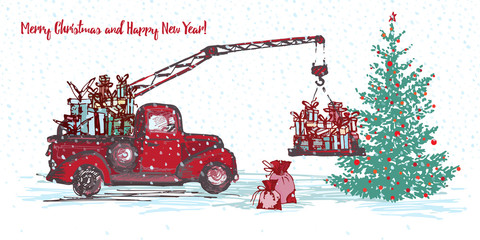 Festive New Year 2018 card. Red truck crane with fir tree decorated red balls and Christmas gifts isolated on white snowy background