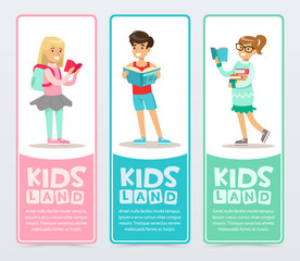 Set of banners with cheerful teens holding books in hands. Young boy and girls learning and studying. School flat vector characters reading books.