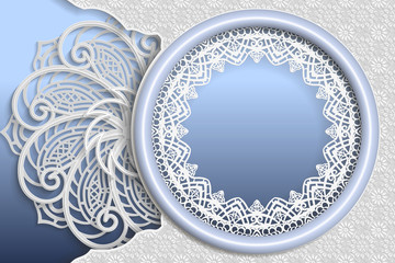 Template of wedding greetings or invitations. 3D mandala, round frame with lace edges, surface with a relief pattern. Floral background on the surface. Place for the inscription in the frame. Vector.