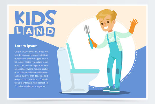 Blue card or poster with cute young boy in gloves cleaning toilet with brush. Kid doing a home cleanup, household chores. Flat style cartoon vector character