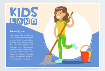 Card with boy hangs clothes in the closet. Kid doing a home cleanup, household chores. Teenager cleaning his room. Flat style cartoon vector illustration.