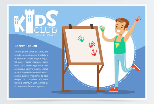 Kids club blue poster with cheerful boy painting with hands. Happy childhood activity concept. Child practicing arts in art class. Colorful flat vector.