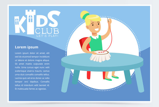 Kids club poster with cute girl character sitting at the table and doing needlework. Cross stitch embroidery. Colorful flat vector