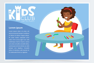 Smiling girl character engaged in clay modeling. Creative blue poster for kids club, art school or classes. Cartoon vector illustration.