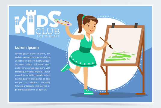 Cute girl in green dress painting on canvas. Creative blue poster for kids club. Studying at art class. Extra-curricular activities. Vector illustration
