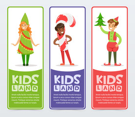 Kids land banners set, cute boys and girls in costumes for Christmas  flat vector elements for website or mobile app