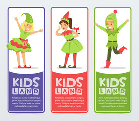 Kids land banners set, cute boys and girls in Christmas costumes of Elf and New Year tree flat vector elements for website or mobile app