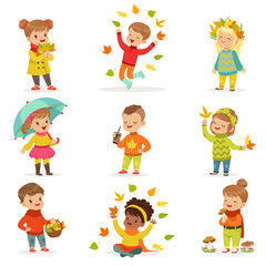Autumn children s outdoor seasonal activities set. Collecting leaves, playing and throwing leaves, picking mushrooms, walking. Flat cartoon vector.