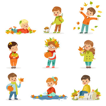 Autumn children s outdoor seasonal activities set. Collecting leaves, playing and throwing leaves, picking mushrooms, holding a pumpkin. Flat vector.