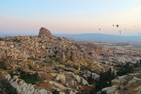 Town of Uchisar at the sunrise, Cappadocia. Turkey.