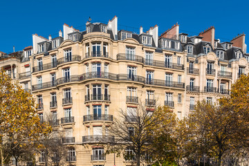 Naklejka premium Paris, beautiful Haussmann facade in a chic area of the capital, near the Champ de Mars 
