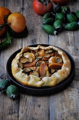 Galetta. Open fruit cake with a feijoa, persimmon, mandarins