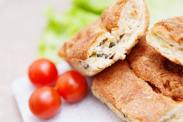 Pie with meat and fresh vegetables on plate 