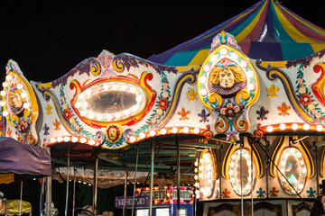 Park horse carousel ride, ferris wheel kids old attraction