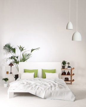 modern white wall bedroom and bed with green pillow minimal decor