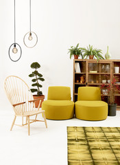 new natural wood furniture white wall decor, modern lamp yellow concept