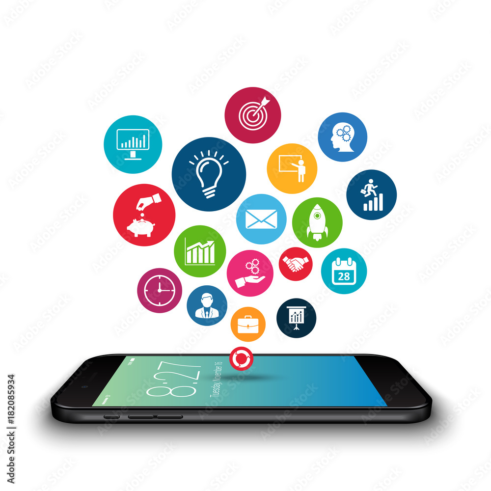 Poster Vector smartphone device with app icons. Social network. Mobile business bubble speech template style.