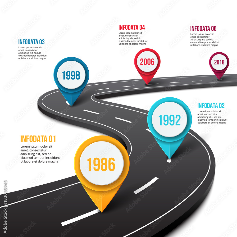 Poster Vector road infographic with pin pointer. Timeline template with 5 markers on a curved road line.
