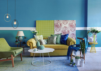 turquoise wall living room, modern lamp interior concept