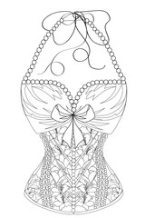 Coloring  page for adults. Corset with flowers and pearls. Art Therapy. Line art illustration.