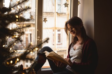 Woman reading novel at home during christmas