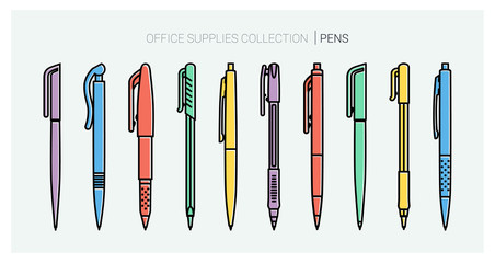 Office supplies collection. Pens set. Writing tools. Outline style. Ballpoint thin line vector icons. Biro, Fountain pen, gel pen, ballpoint pen, capillary pen. Back to school. Writing materials