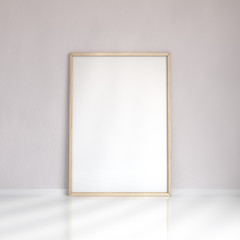 2051785 Realistic wooden blank picture frame near the wall, 3D rendering