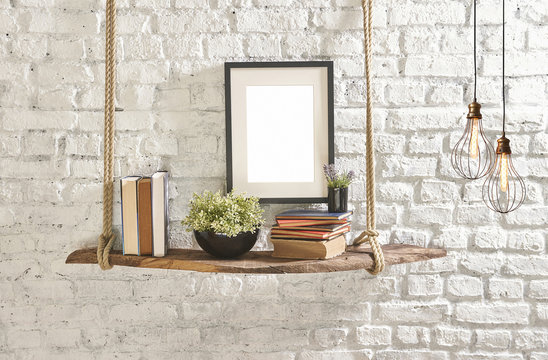 brick wall drift wood shelves and frame concept decor