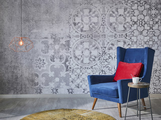 modern living room concept dark blue chair and red pillow with coffee table