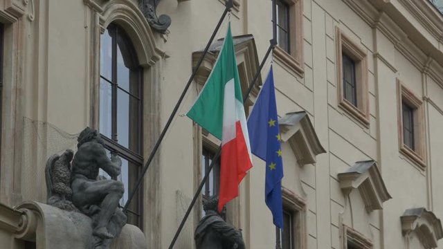 Italy and European Union Flags toghether on an embassy building.