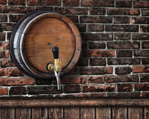 wooden bar counter with beer barrel in the background