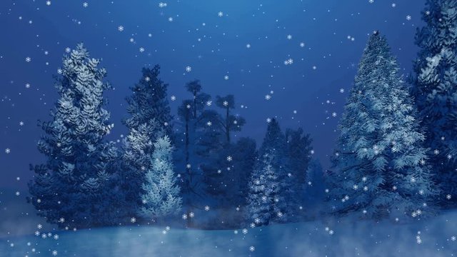 Peaceful winter scene with snow covered fir tree forest at magical snowfall night. Festive background for Christmas or New Year holidays in cinemagraph style rendered in 4K