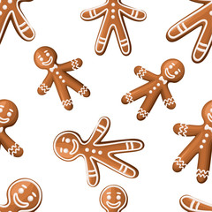 Christmas Cookies. Xmas gingerbread man cookie. Isolated On White Background, Vector Illustration. Seamless.