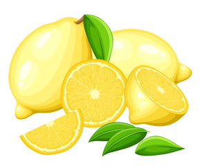 Lemon with leaves whole and slices of lemons. Vector illustration of lemons. Vector illustration for decorative poster, emblem natural product, farmers market.
